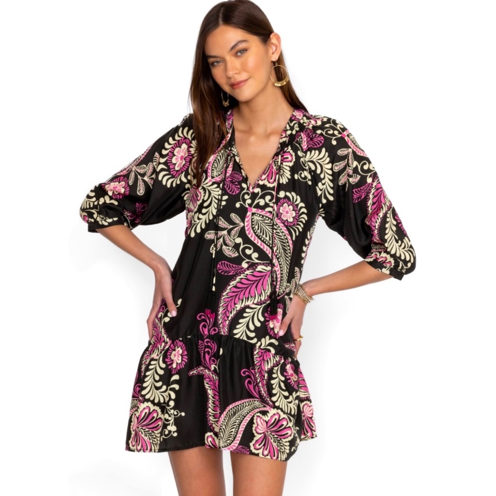 Johnny Was Tiered Tassel Silk Dress Floral Paisley Black/Pink SZ L